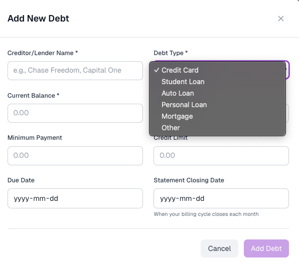 DebtAva Setup Form - Quick and easy debt entry process